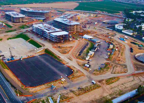 Aerial view of the construction phase of the Broadcom Corporate Headquarters